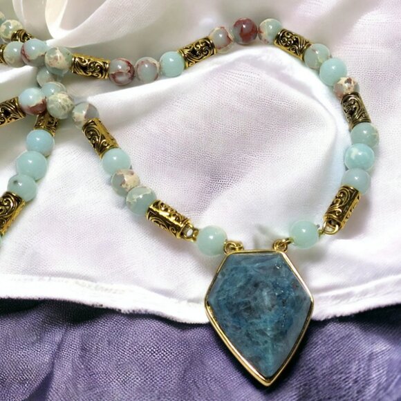NEW Handmade Blue Agate Necklace with Aqua Terra Jasper Stone Beads. - Picture 3 of 7